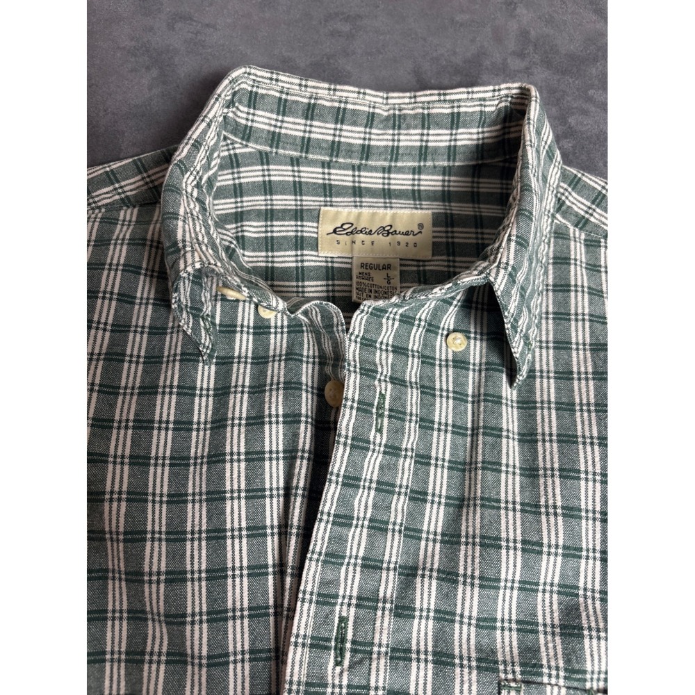 Eddie Bauer Mens Large Green White Plaid Long Sleeve Button Down Cotton Shirt